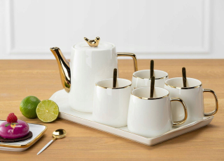 Porcelán, servis - HowHomely Noah White Gold čajový a kávový servis 10 ks.